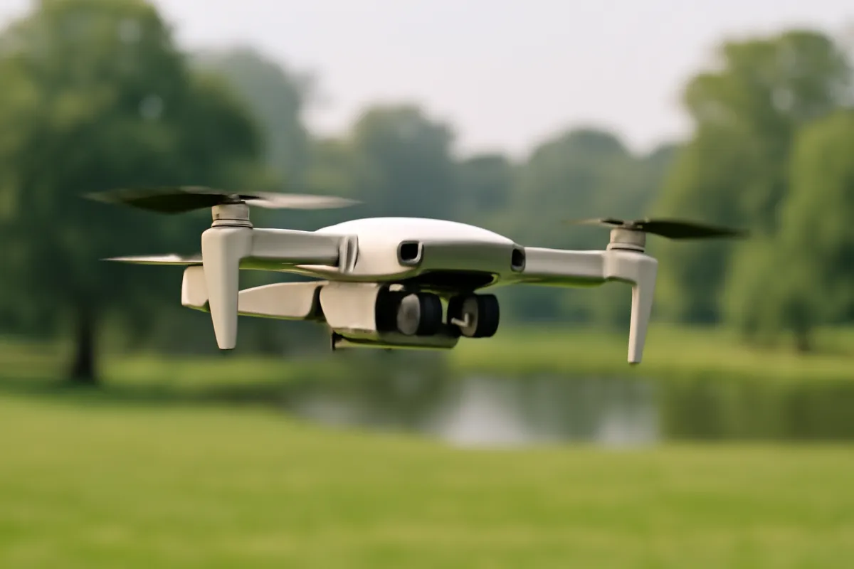 A white quadcopter drone hovering in mid-flight low over a green park, propellers blurred in motion, with trees and a still pond out of focus in the background