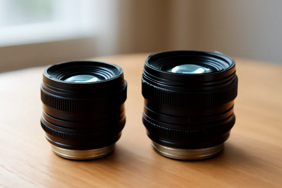 Two compact prime camera lenses standing side by side on a light wood table with soft cyan-tinted reflections