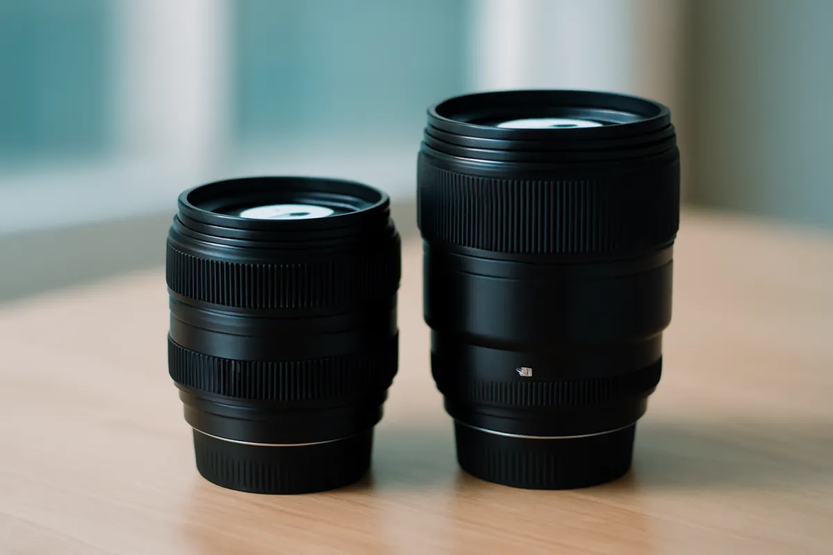 A smaller prime lens standing beside a noticeably larger one on a light wood surface with soft cyan-tinted reflections
