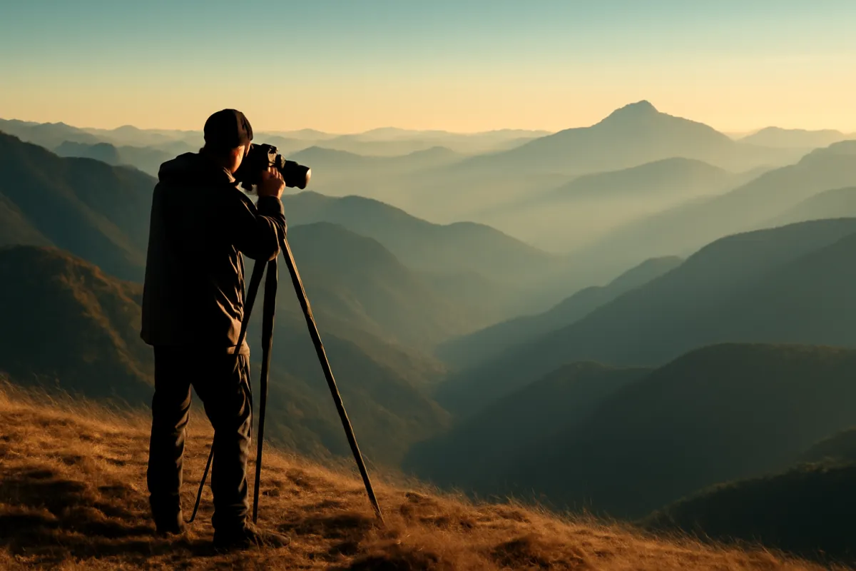 A photographer on a tripod capturing a vast sweeping mountain and valley landscape at golden hour, layered ridgelines fading into a cyan-tinted distance