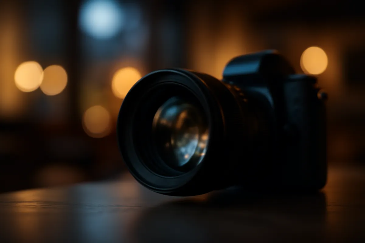A camera and lens resting on a table in a dim room, warm background lights melting into soft bokeh behind it