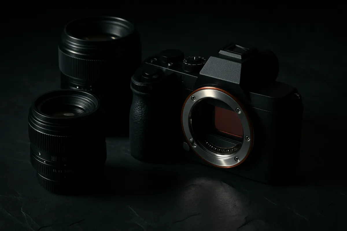 A camera body with its lens removed beside two lenses on a dark slate surface