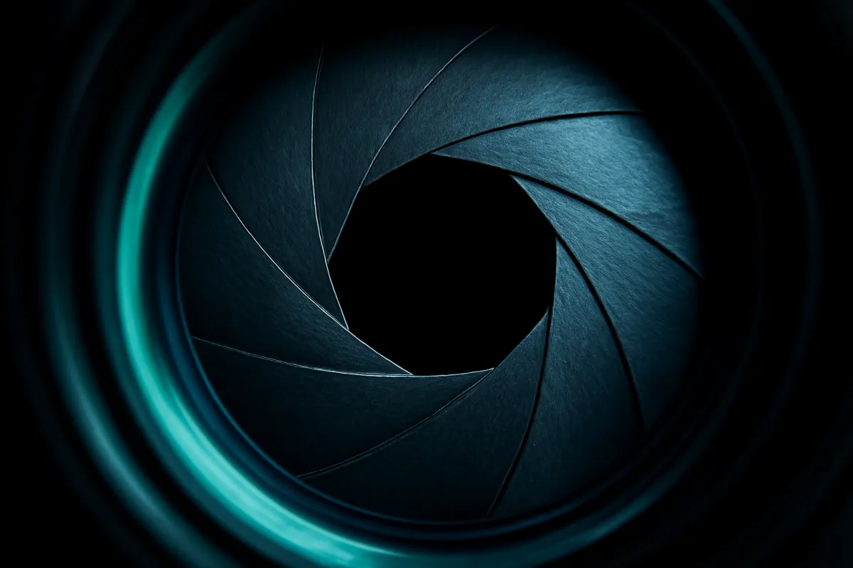 Extreme close-up of a camera lens aperture, the metal diaphragm blades forming a small opening, lit in cool cyan tones