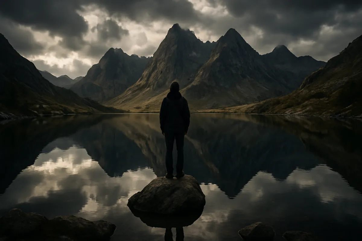 A person standing on a rock at the center of a still lake, with dark peaks and cloud mirrored in the water below