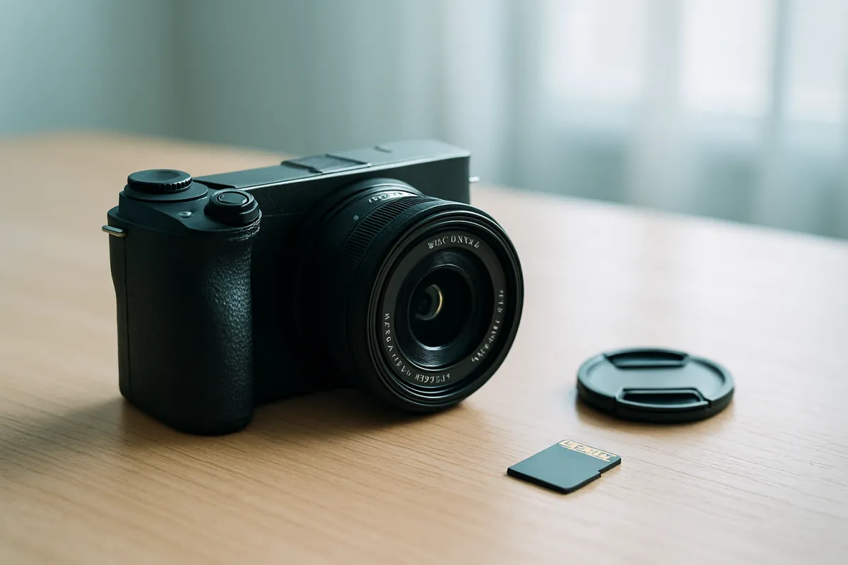 A small camera with a compact lens resting on a light wooden table beside a lens cap and a memory card in soft window light