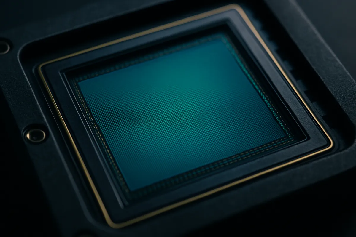 Extreme macro close-up of a camera image sensor and its photosite grid with cyan light reflections on the silicon