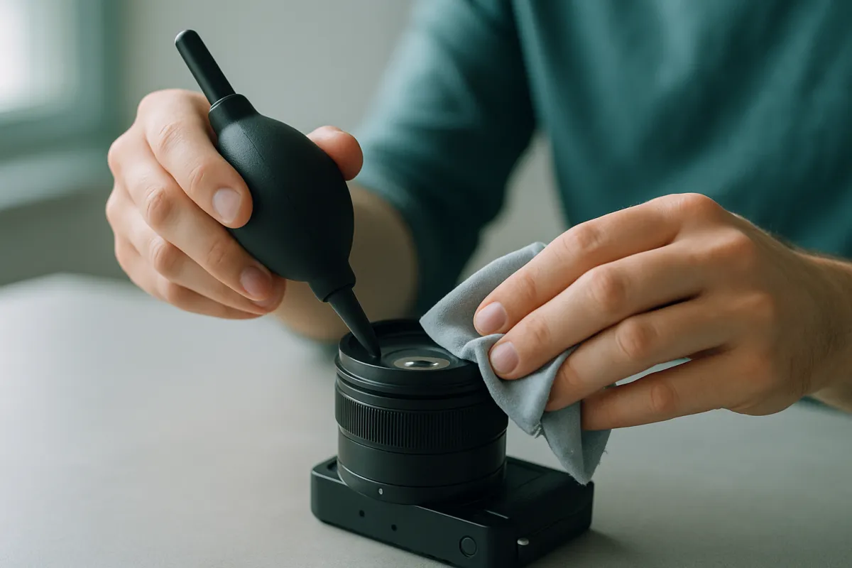 A person cleaning a camera lens with a rocket air blower in one hand and a microfiber cloth in the other over the front element on a clean neutral desk in soft window light