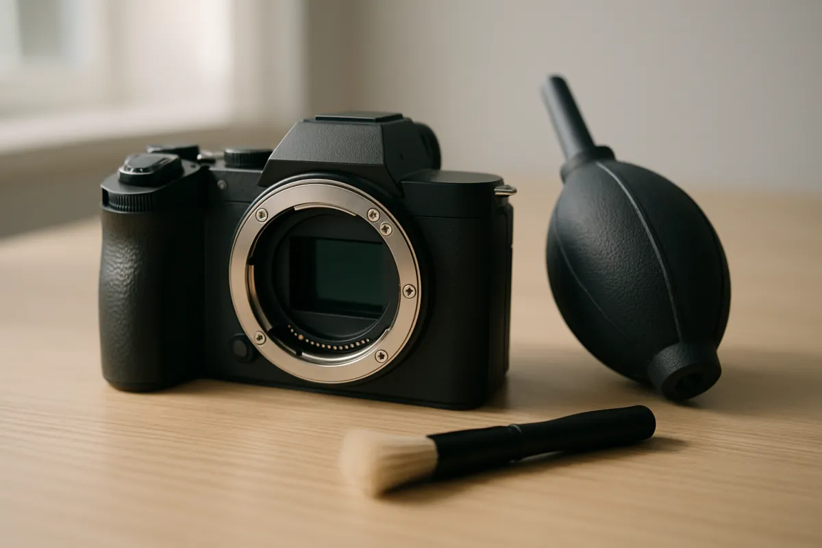 A camera body with no lens attached resting on a wooden desk, the open lens mount showing the sensor rectangle inside, with a black rubber hand blower and a soft brush laid beside it in window light