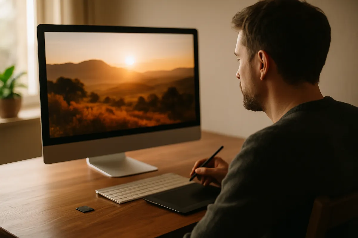 A man in a dark sweater seated at a wooden desk, holding a stylus over a graphics tablet, facing a large monitor that shows a warm sunset landscape over low hills