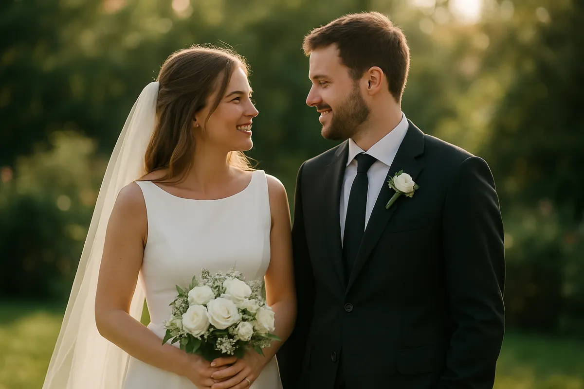 A smiling couple in wedding clothes standing close together outdoors in warm low sunlight, the woman in a white dress and veil holding a bouquet of white roses, green foliage blurred behind them