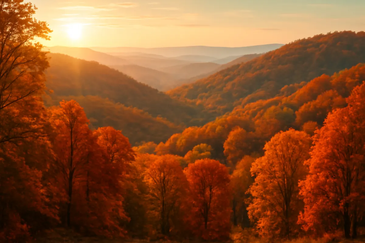 A vibrant autumn forest landscape at golden hour, rolling hills of rich red, orange, and gold foliage with warm low sun and a distant valley fading into soft cyan-tinted haze
