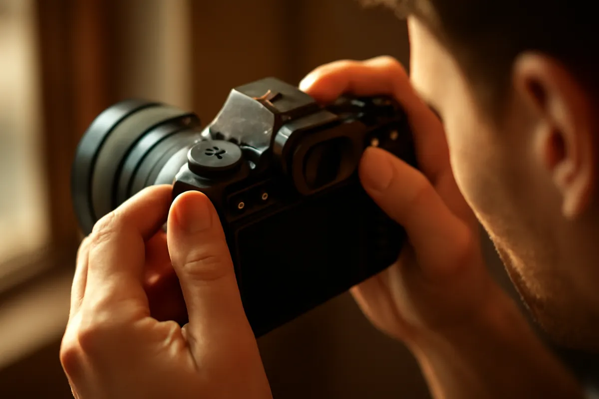Close-up of a photographer's hands holding a camera up to the eye, fingers resting on the rear controls in warm golden light