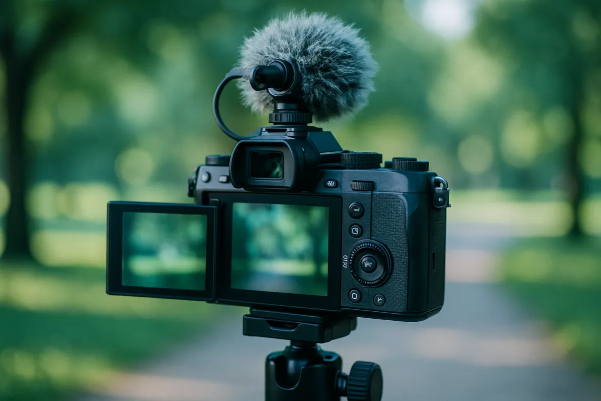 A camera on a tripod seen from behind with a fur-covered microphone mounted on top and the screen swung out to the side, a green tree-lined path blurred behind it