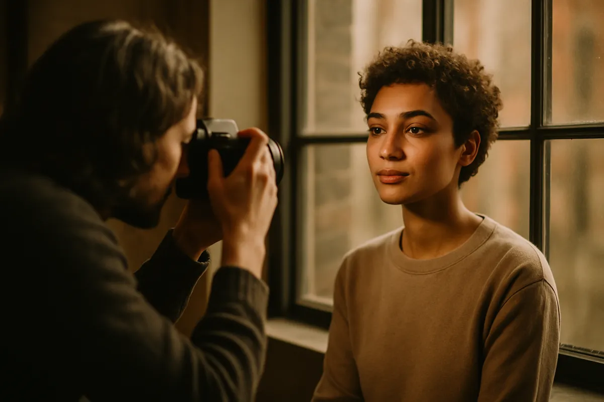 A photographer taking a portrait of a seated person in soft, directional window light with a gently blurred background