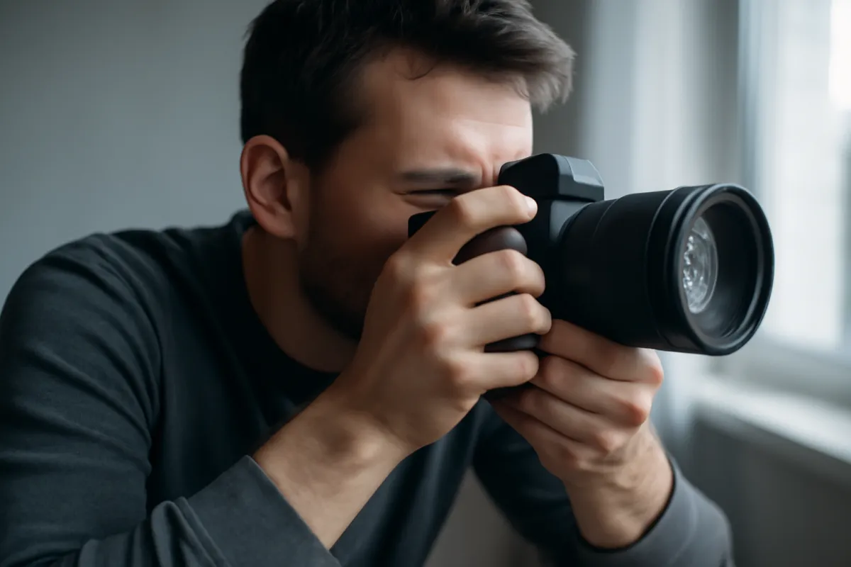 A photographer holding a camera to their eye with both hands to steady a handheld shot in soft natural light