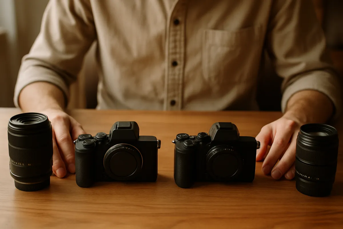 A photographer at a wooden table with two camera bodies and two lenses set out side by side in soft warm window light