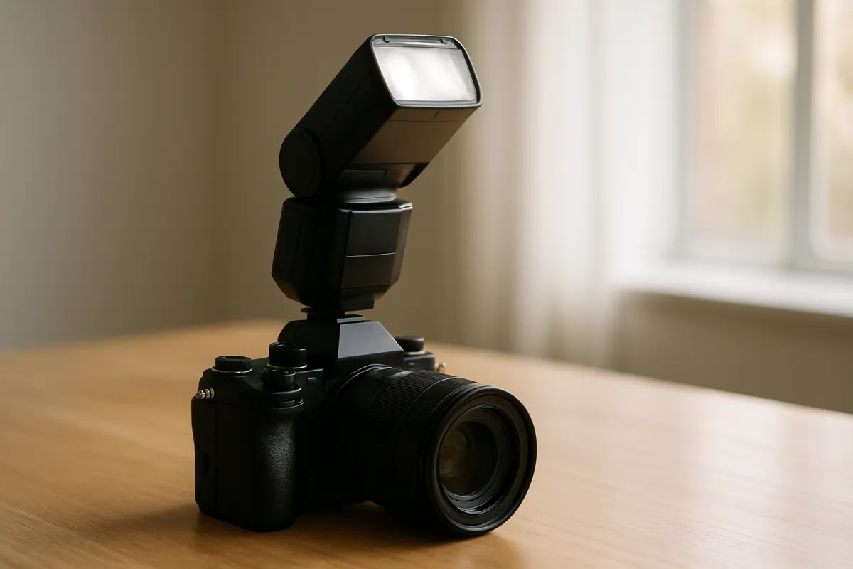A black external flash unit with its head tilted upward, mounted on a mirrorless camera body on a wooden table, with a curtained window behind it