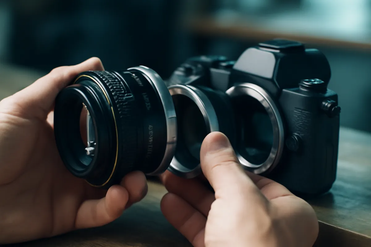 A lens being joined to a camera body with a metal adapter ring held between them