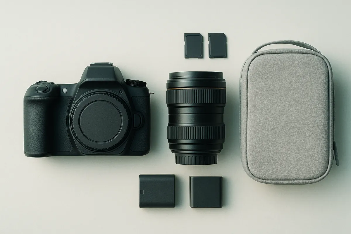 A first-camera budget laid out in three neat groups: one body, one lens, and small accessories on a pale surface