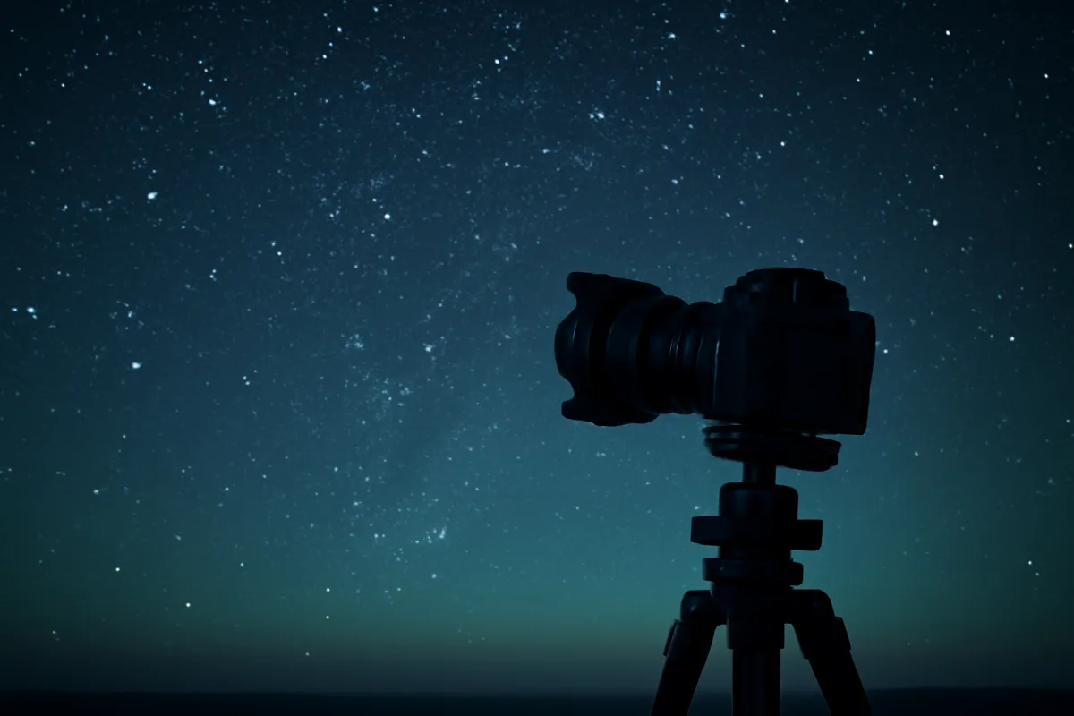 A camera silhouetted on a tripod against a deep blue night sky scattered with hundreds of stars and the faint band of the Milky Way rising over a dark horizon