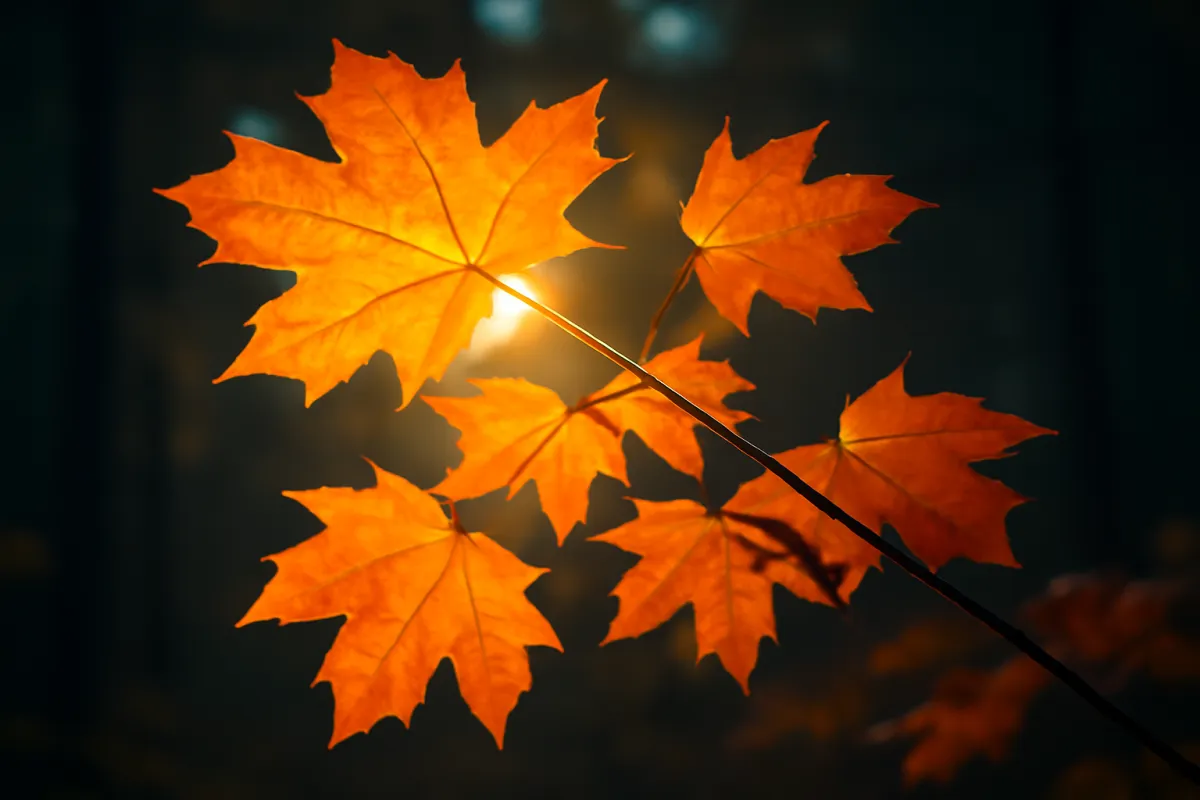 Warm low sunlight shining through translucent orange autumn leaves from behind, making them glow against a dark background