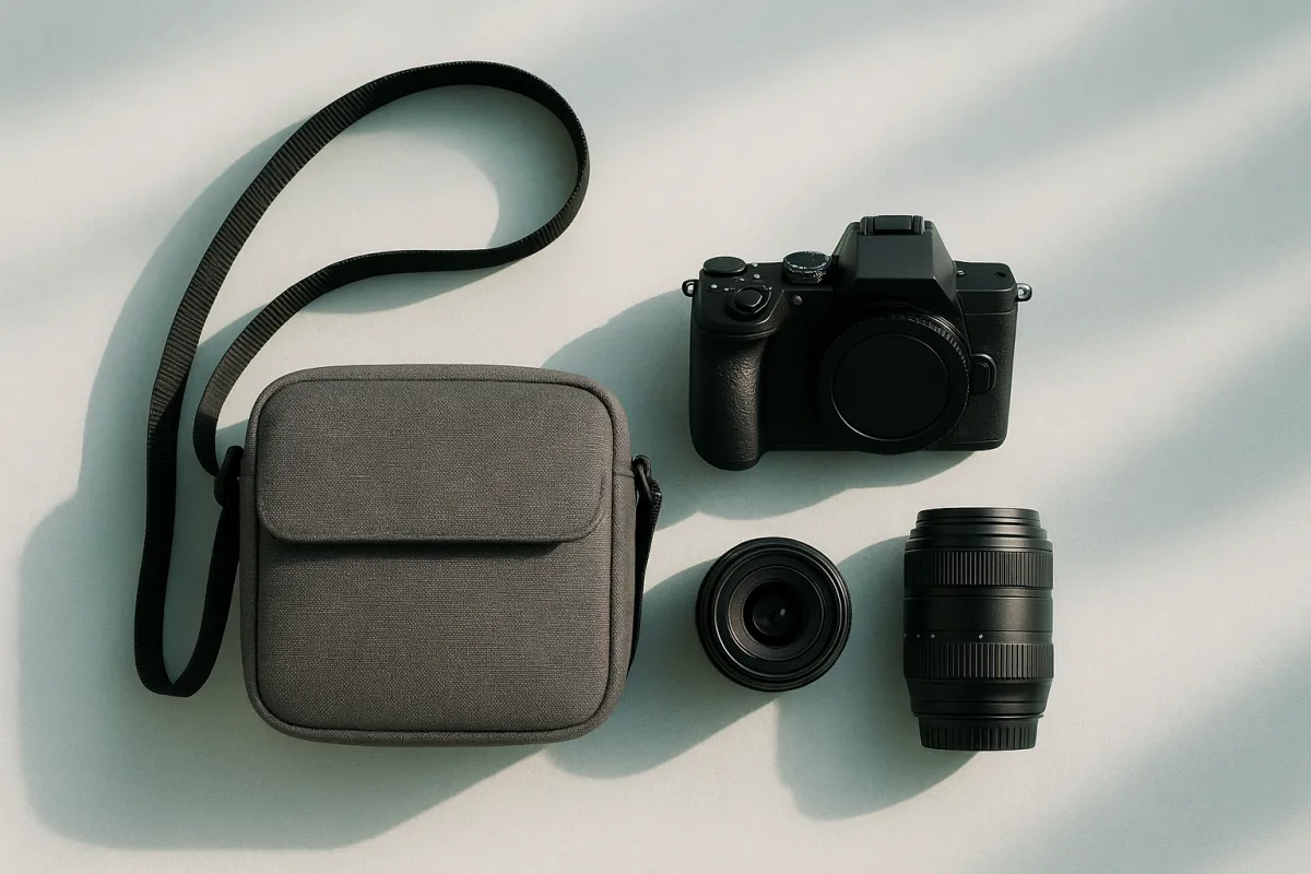 An overhead flat lay on a pale surface of a grey fabric shoulder bag with a black strap, a black camera body and two lenses, with diagonal shadows across the background