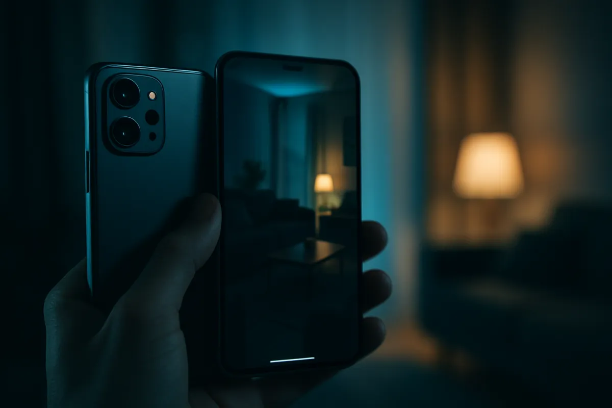 A smartphone photographing a dim indoor scene at night with its screen glowing