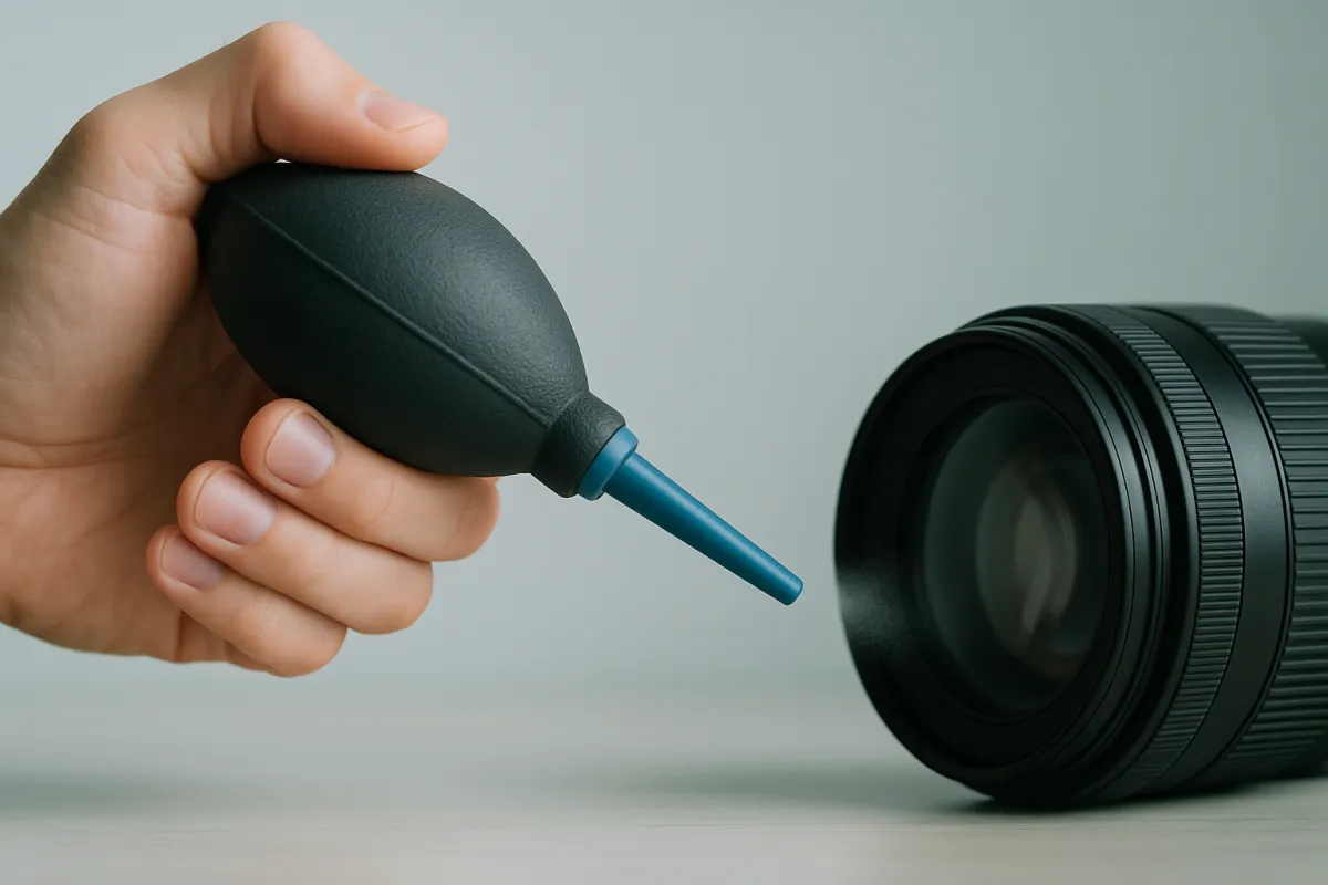 A rocket air blower being squeezed toward the front glass of a camera lens to blow off loose dust, with no cloth touching the glass