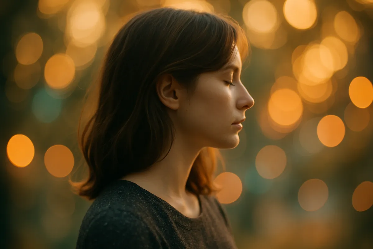A person in profile against a background of warm round out-of-focus light, a soft cinematic rendering with glowing highlights