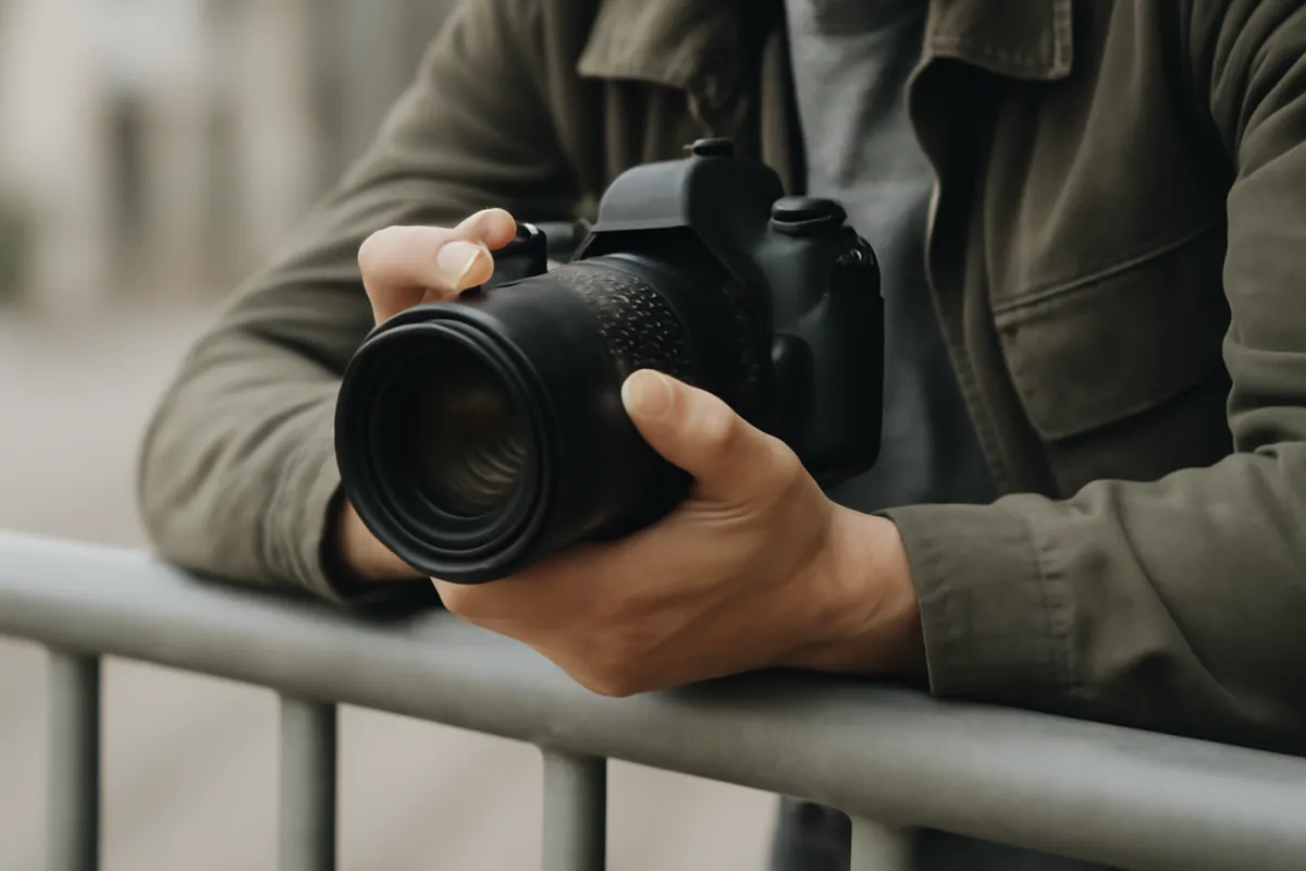 A person in an olive jacket bracing a black camera with a long lens against a metal railing, hands wrapped around the lens barrel