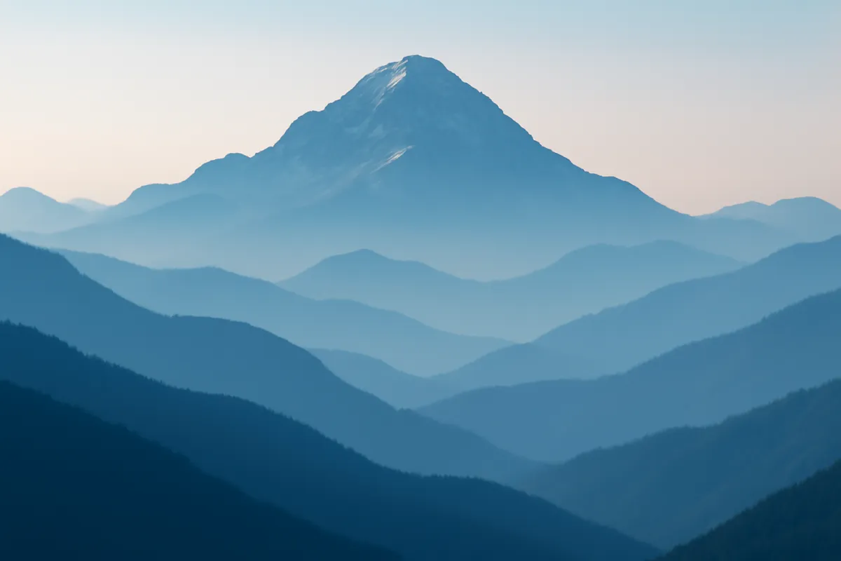 A distant mountain peak compressed against layered foothills shot with a telephoto lens, the far ranges stacked close together in flattened perspective at dawn