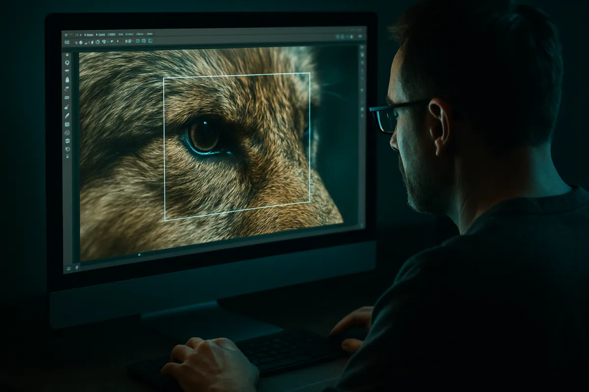 A photographer at a monitor cropping tightly into a small portion of a wildlife photo