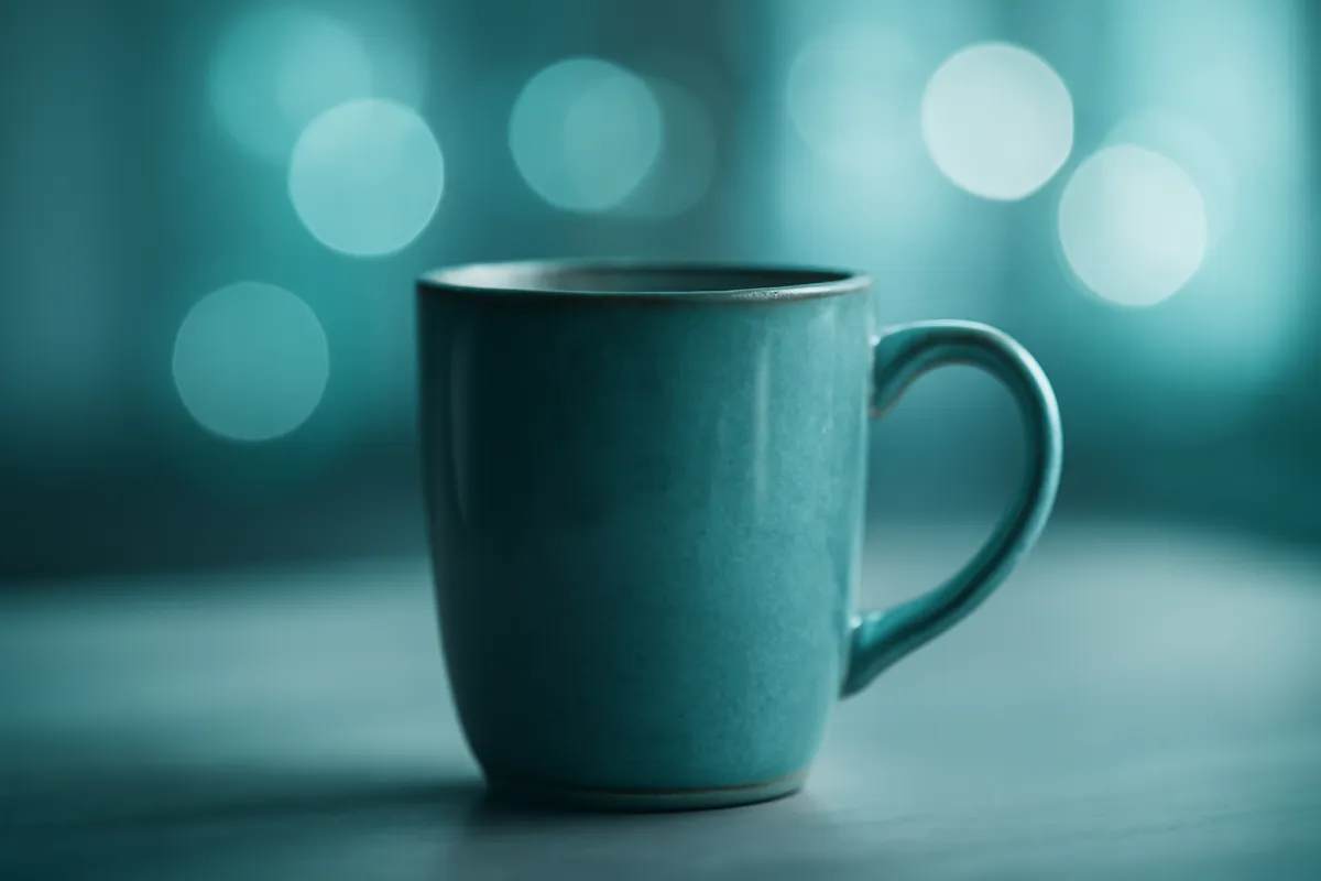 A teal ceramic mug photographed from very close, its rim and glaze sharp while round out of focus highlights dissolve into a soft blue background