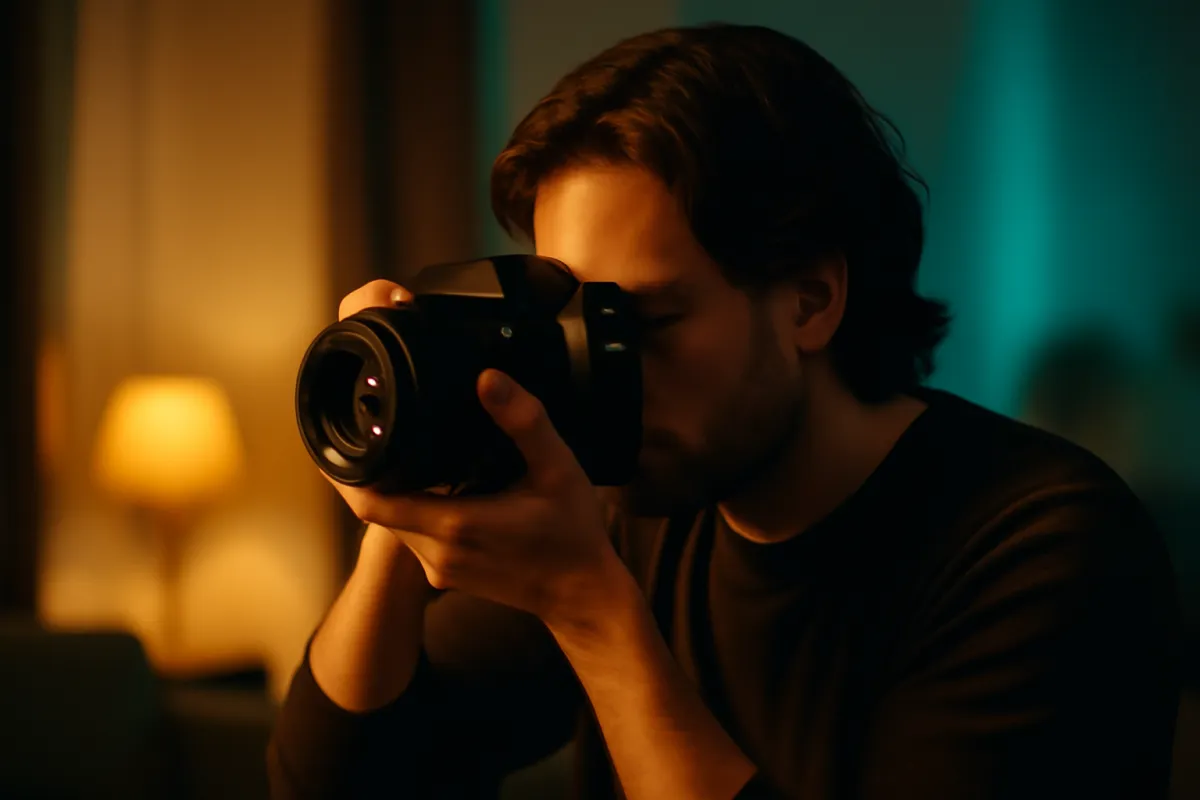 A dim interior lit by a warm table lamp with a person holding a camera, the low light level that forces a higher ISO setting indoors