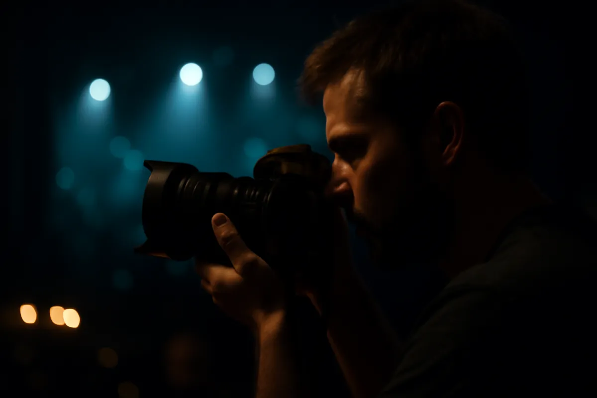A photographer shooting in a very dim venue, stage lights rendered as soft cyan bokeh behind him