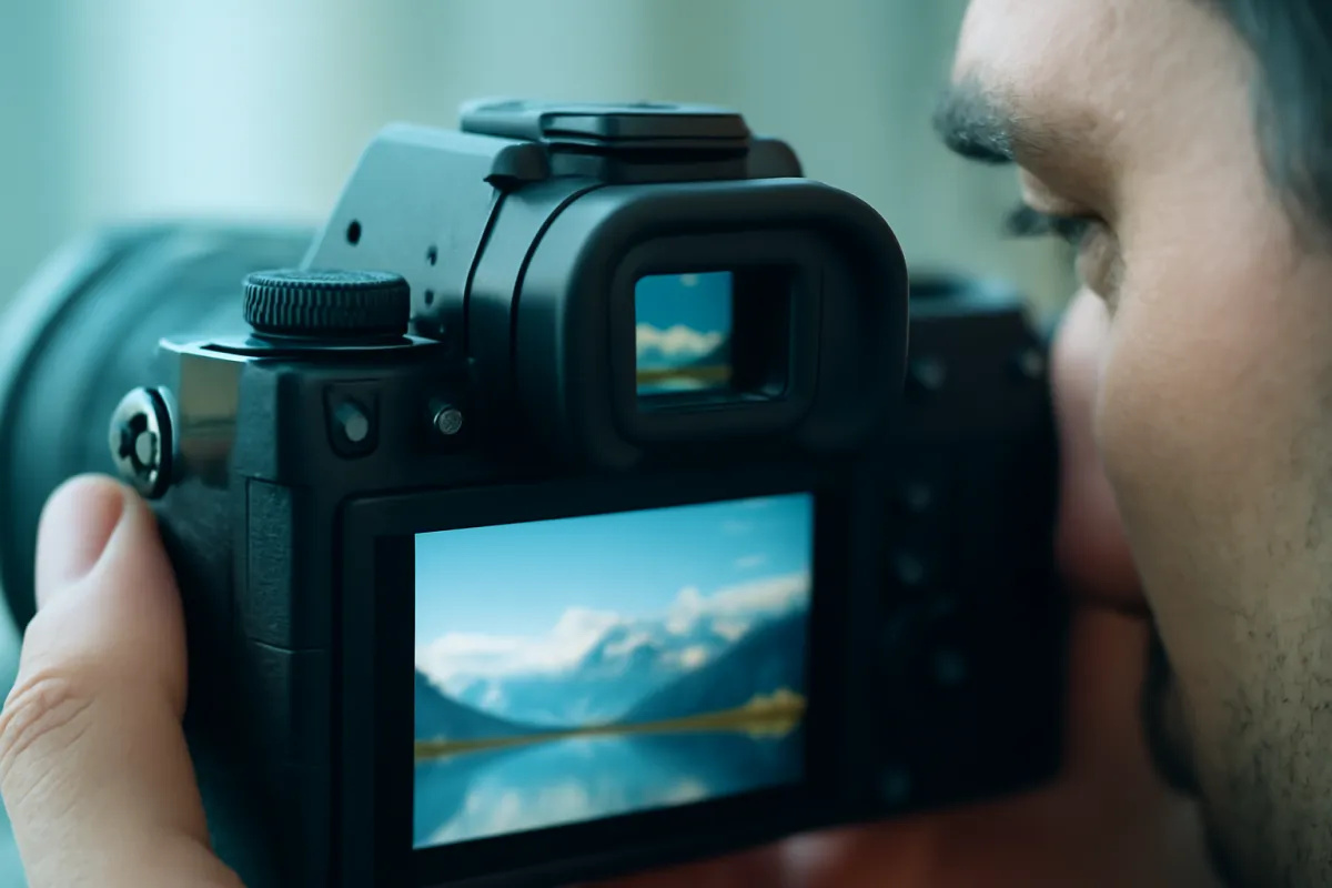 A photographer looking through a mirrorless electronic viewfinder showing a bright live preview