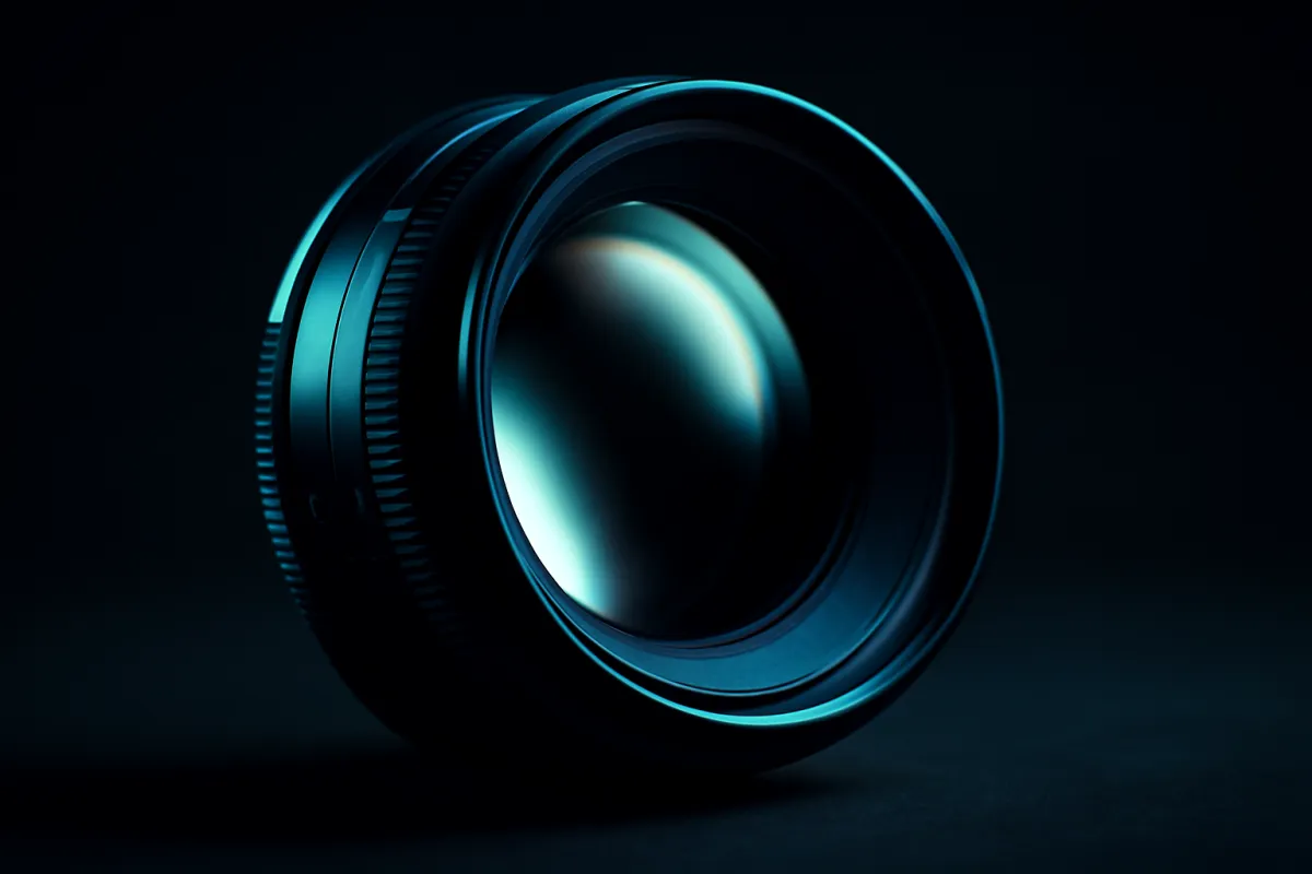 Close up of a lens standing on a dark surface, its large round front element catching a single cyan-tinted rim light