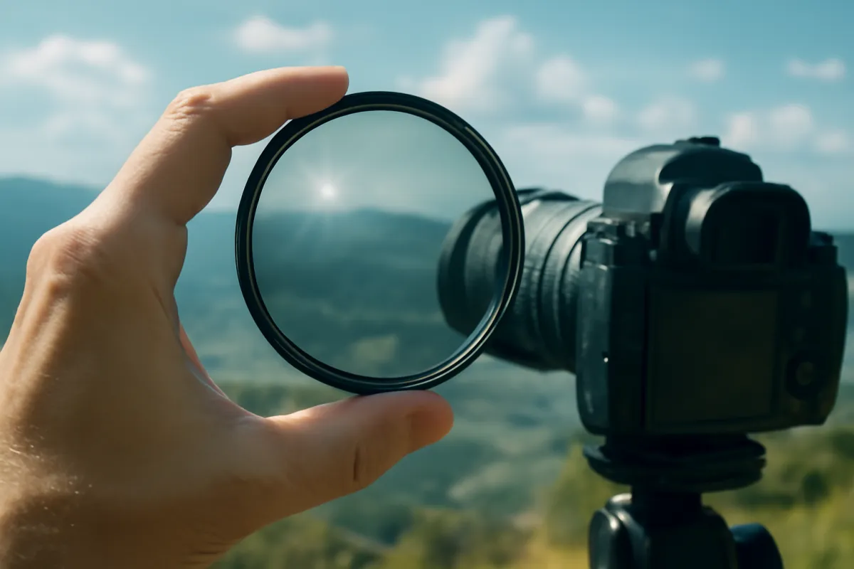 A landscape photographer's hand holding a circular screw-in filter in front of a camera lens against a bright landscape of hills and sky, the glass catching the light