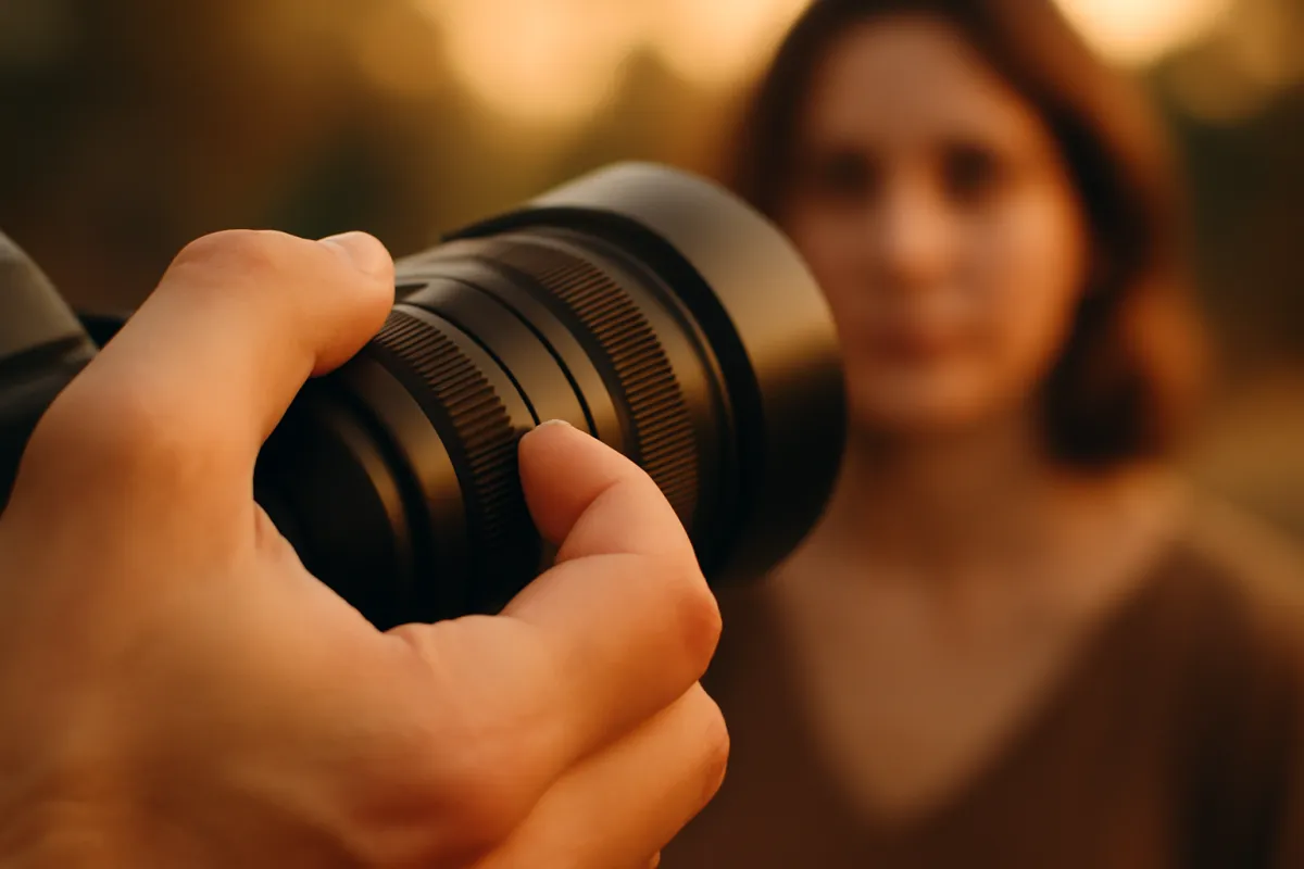 A hand turning the control ring on a camera lens with a softly blurred portrait subject in warm background bokeh, showing shallow depth of field from a wide aperture