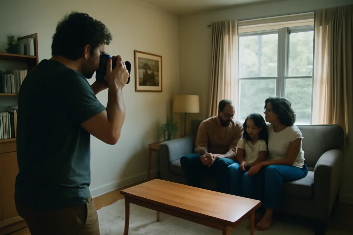 A photographer composing a wide interior view of a living room, a family seated on the sofa beside a bright curtained window