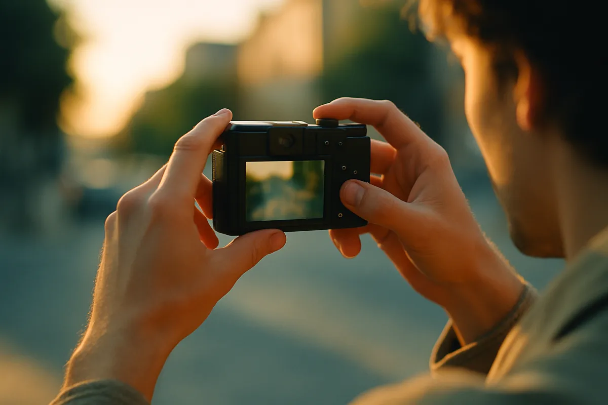 A person holding a compact camera while traveling in warm golden light, framing a scene outdoors