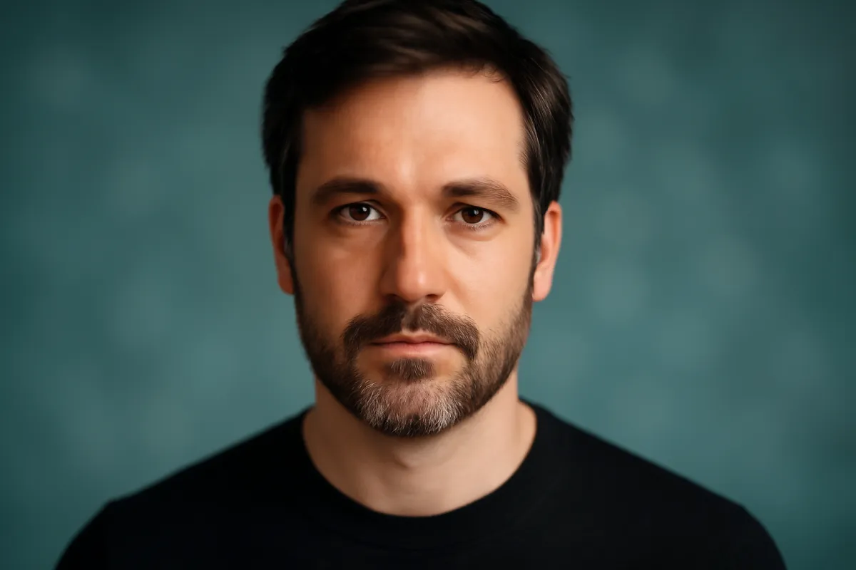 A flattering studio headshot with sharp eyes and a smooth creamy blurred background