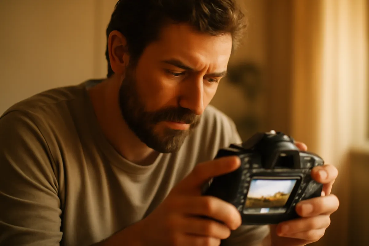 A photographer studying a just-taken photo on the rear screen of a camera in soft warm indoor light