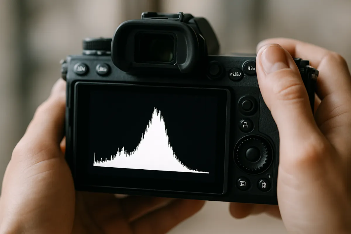 A camera held in both hands with its rear screen showing a white exposure histogram, the peak just right of center and a spike at the far left edge