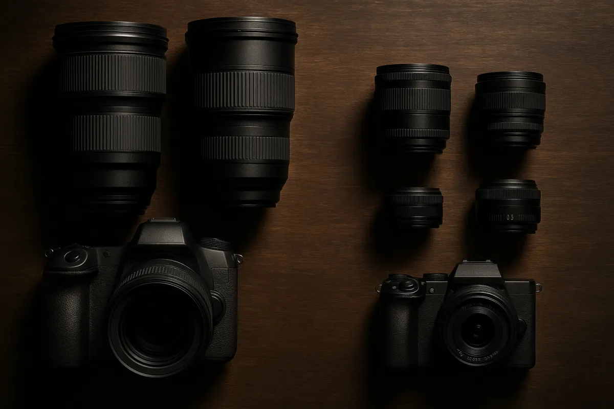 A large camera kit beside a much smaller one on dark wood, showing the size difference