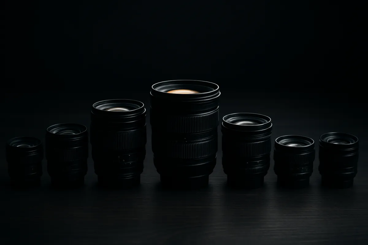 Seven black camera lenses of different sizes standing upright in a row on a dark surface against a dark background