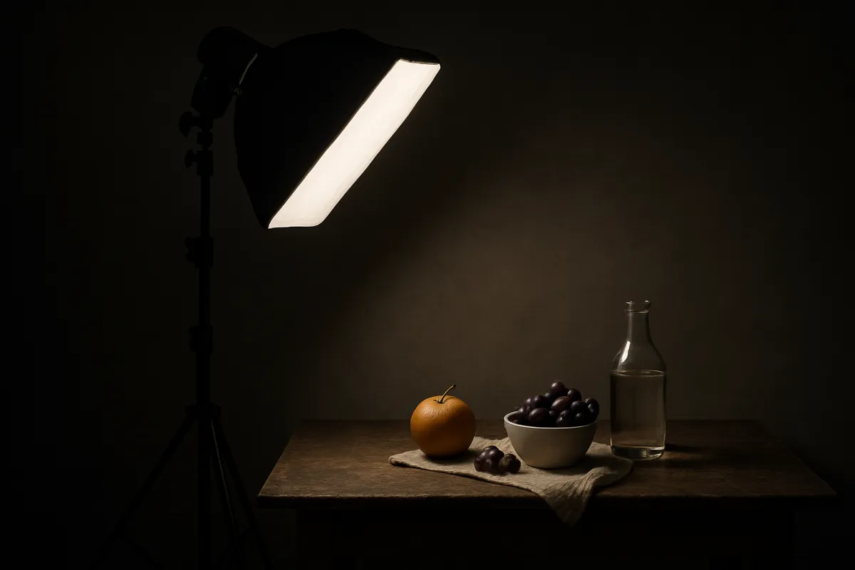A soft light shaped by a softbox falling across a small still life of an orange, a bowl of grapes, and a clear glass bottle arranged on a wooden table against a dark background