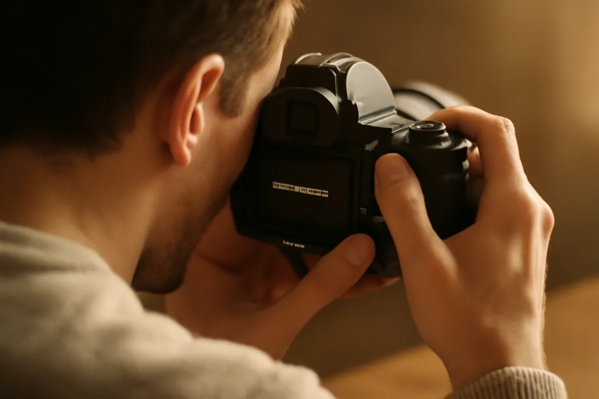 Over-the-shoulder view of a photographer at the viewfinder, a row of settings readouts across the rear screen and both hands on the controls in warm light
