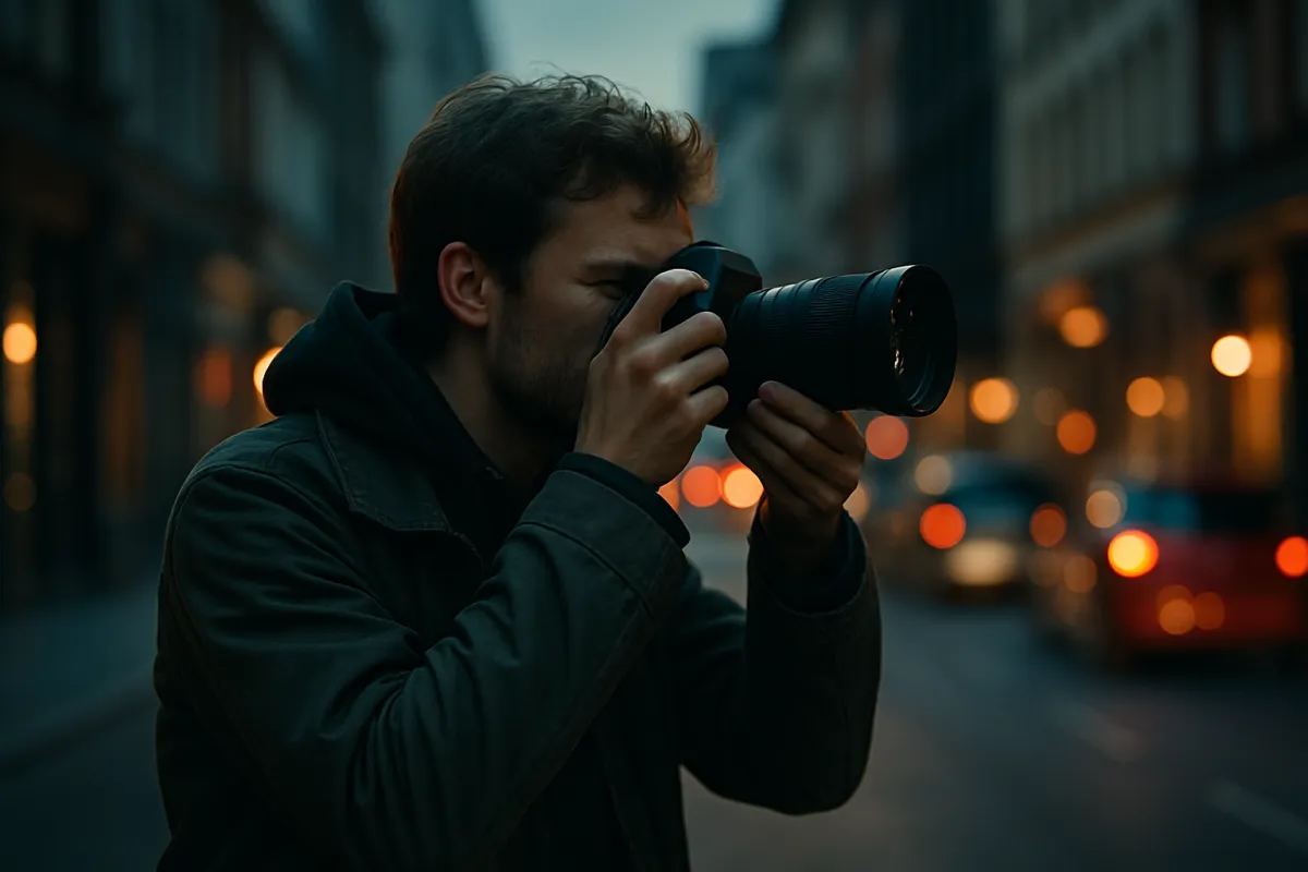 A photographer shooting in dim evening light on a city street with glowing background lights, the situation that forces the ISO decision