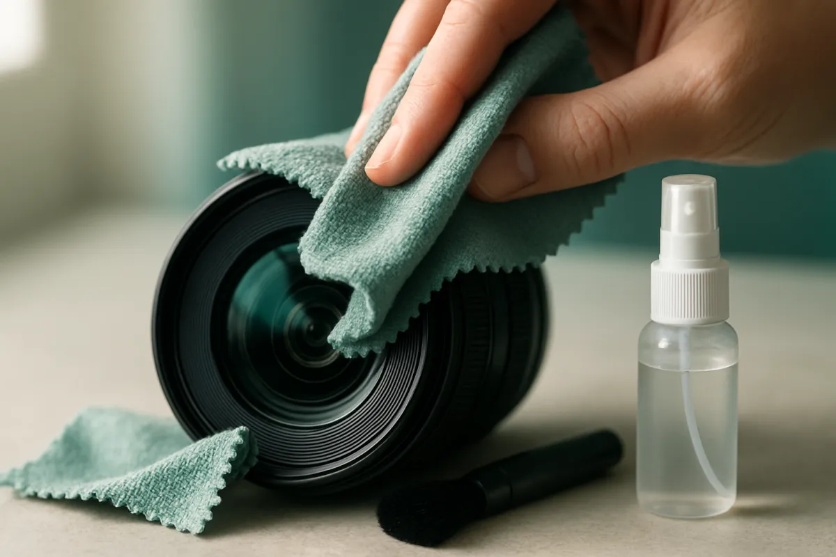 A microfiber cloth wiping a camera lens front element in a circular motion, with a small bottle of lens cleaning solution and a lens brush resting nearby